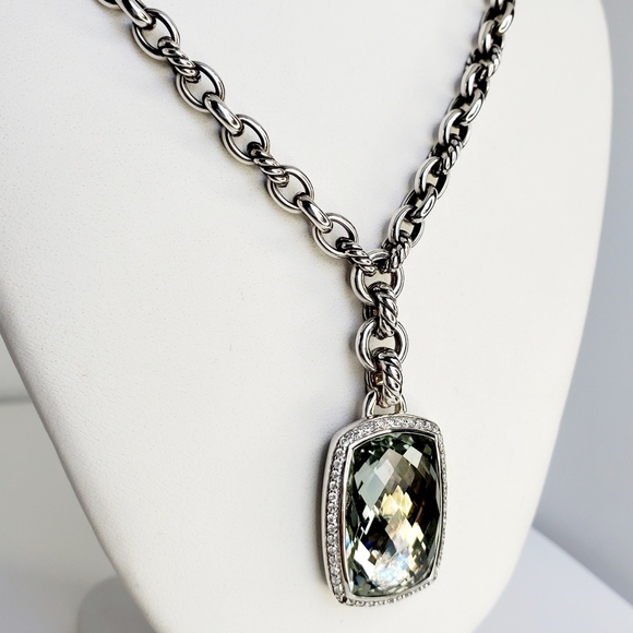 David Yurman Mini Oval Cable Link Necklace w/Prasiolite & Diamond Albion Pendant - Picture 3 of 8